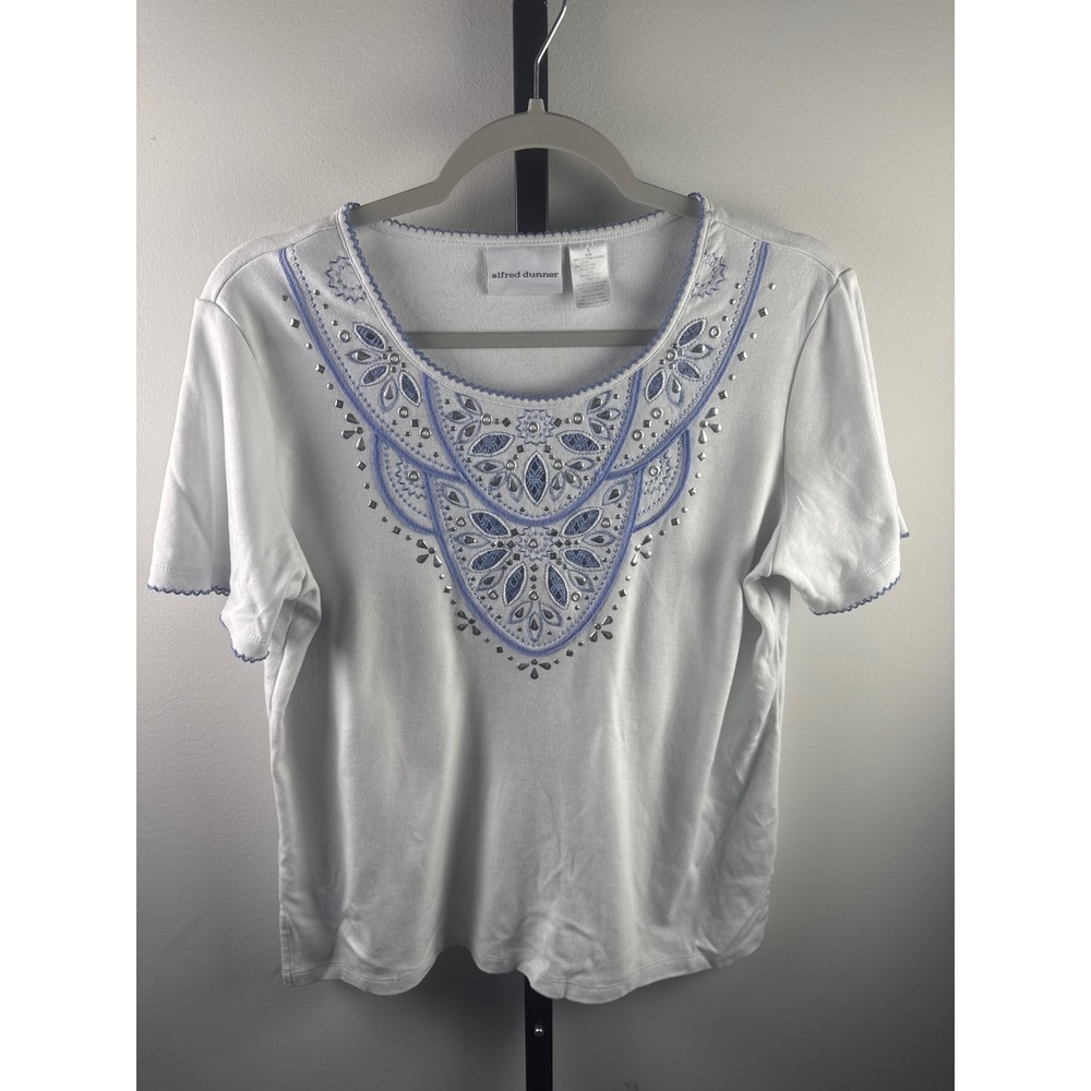 Alfred Dunner Womens Small White Blue Embroidered Eyelet Studded Tee Top